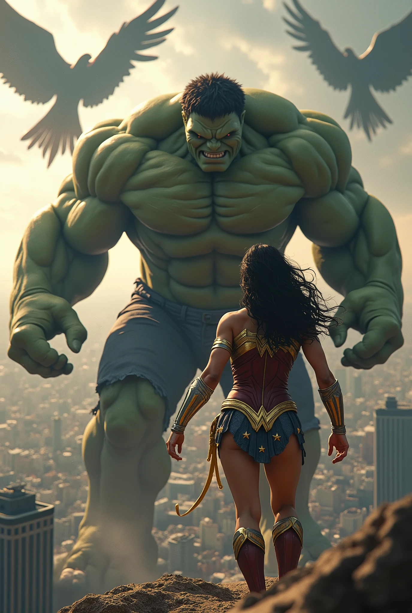 Wonder Woman, Realistic, Big breast, Full body, Fighting with Hulk, view of the city from above, evil giant birds