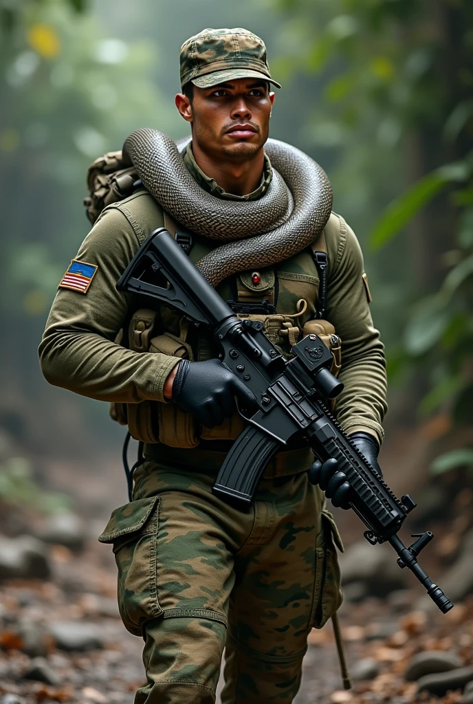 Cristiano Ronaldo in the camouflage uniform of the Paraguayan ry (including the camouflage chapeu hat and a T65-k2 rifle) full body and a viper around the neck