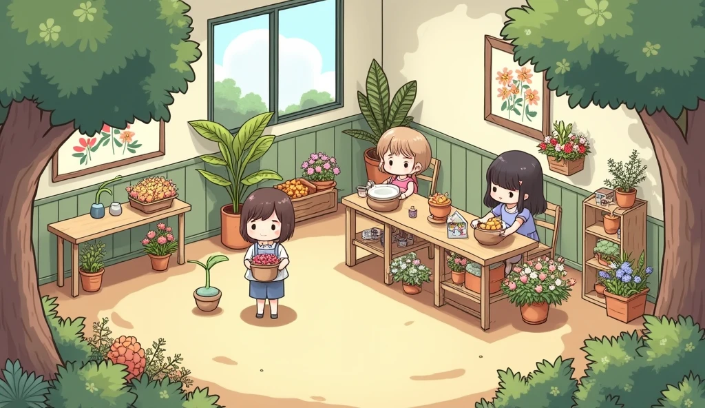 (masterpiece:1.2, Highest quality,Ultra-high resolution,Super detailed),8k,(wallpaper),(Best illustrations:2.0),(chibi flower shop : 2.0),(flower shop ,Very simple design),(isometric illustration) lofi, cozy, Studio ghibli style ,pastel tones, landscape