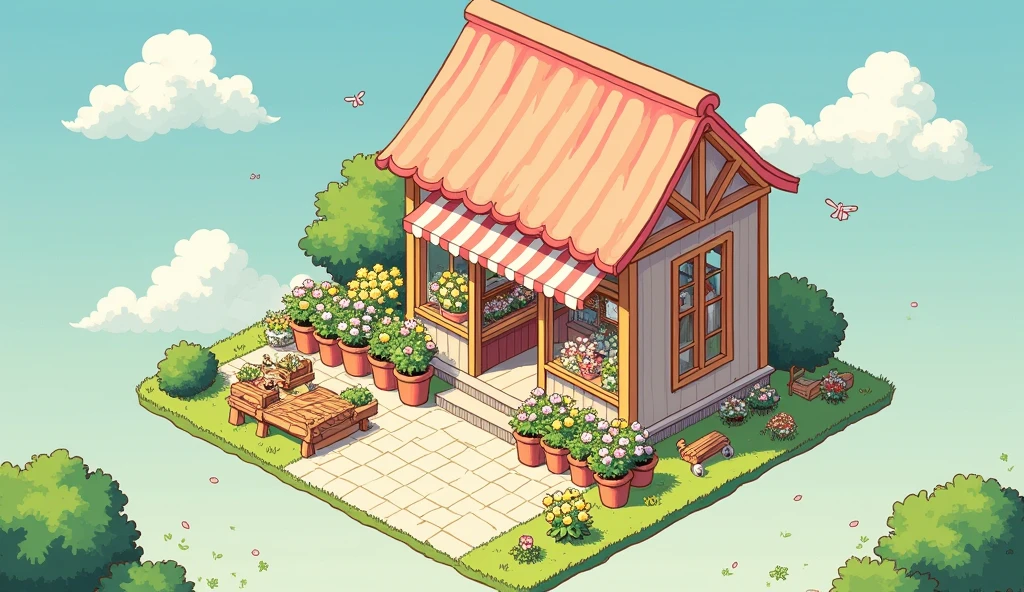 (masterpiece:1.2, Highest quality,Ultra-high resolution,Super detailed),8k,(wallpaper),(Best illustrations:2.0),(chibi flower shop : 2.0),(flower shop ,Very simple design),(isometric illustration) lofi, cozy, Studio ghibli style ,pastel tones, landscape
