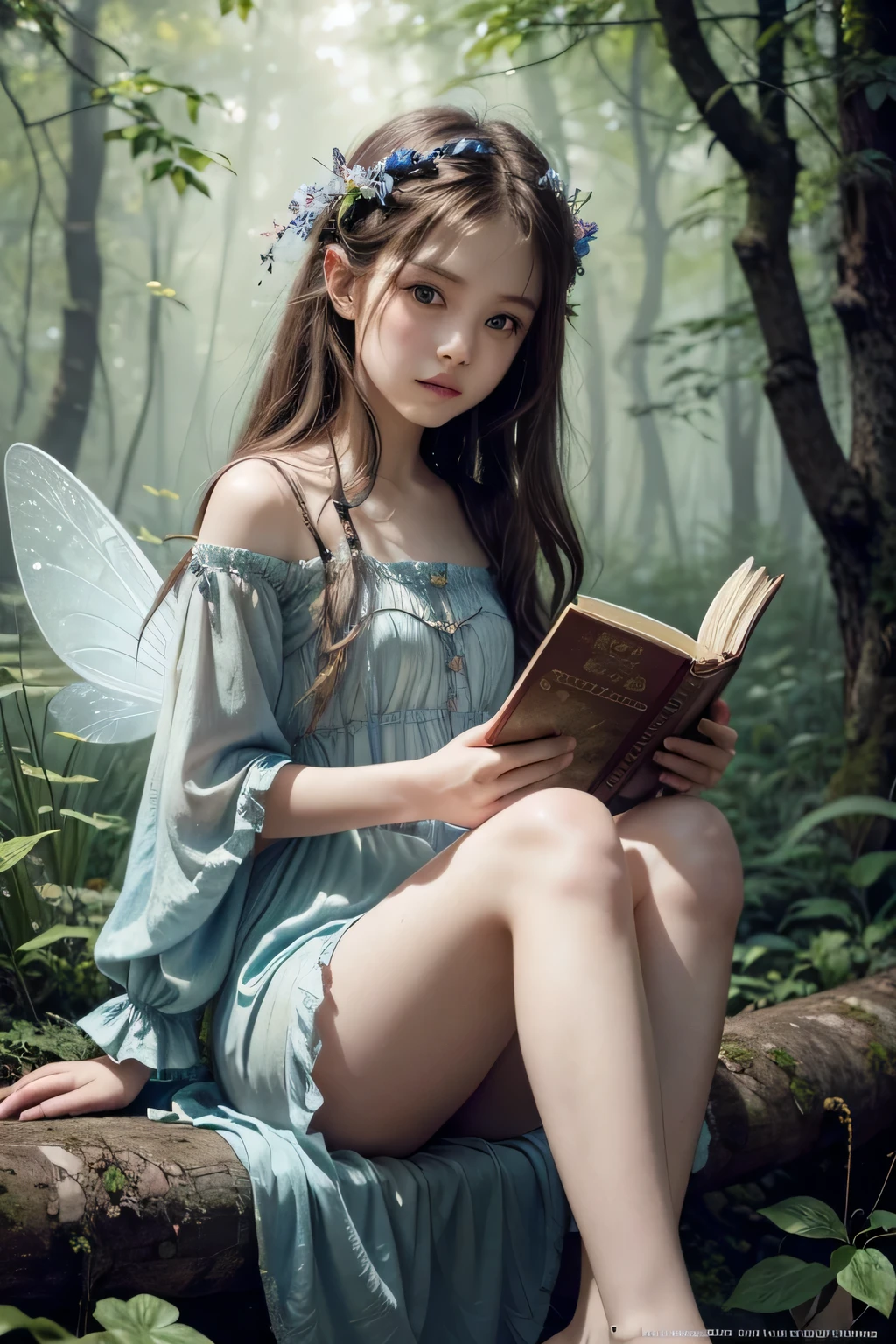 Children's book illustration, hyper detailed airbrush by pino daeni, Macro photography of a very cute, very beautiful and charming fairy with expressive eyes, perfect face, sitting on a branch, cute, Shape A (short erotic fairy outfit), legs apart , looking at the viewer, holding a book in her hands, fairy wings behind her back, outside sunny morning, sun, morning, forest, conceptual art, pastel by Arthur Rackham on silk, strybk, james jean, Brian Froud, Miho Hirano, Neimy Kanani, Aykut Aydo du, ultra high quality model, perfect eyes, white-blue eyes, Rembrandt lighting style, hand negative 