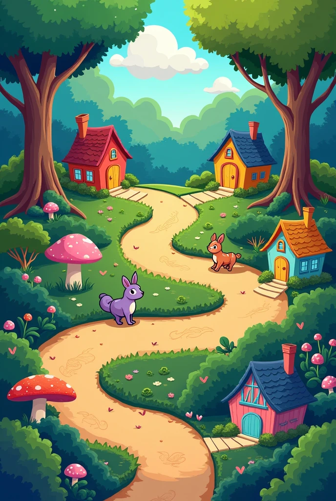 Create an A3 image of the game below;
---
**Description JB Board:**
**Theme and Environment:**
- The board must be colorful and set in a magical forest, full of trees, animals and plants, with a vibrant and child-friendly design.
**Board Structure:**
- The board must have a single continuous and winding track that leads from "ABANDONED" to the "arrival".
- The track must be made up of several houses, each containing random letters and numbers.
**House Features:**
- The houses on the track must be varied, containing different types of instructions and challenges:
- **Forward Houses:** Houses with letters of the alphabet and numbers. O jogador precisa dizer uma palavra que começa com a letra indicada para Move forward.
- **Homes to Return:** Casas com instruções para o jogador rug um número específico de casas, SOM "Go back 3 more spaces".
- **Stop Houses:** Casas que indicam que o jogador deve esperar e não Move forward nem rug, SOM "This time you stand still".
- **Reward Houses:** Casas que oferecem vantagens SOM Move forward mais casas ou receber um turno extra.
- **Neutra Houses:** Simple houses without rules.
**House Instructions:**
- Houses with specific instructions must be differentiated by unique colors, so that its rules can be read in a box at the bottom of the board. Exemplos:
- "Go back 1 more space."
- "Go back 2 more houses."
- "Go back 4 more houses."
- "Go back 6 more houses."
- "Back to top."
- "This time you stand still."
- "Move forward 1 more space."
- "Move forward 3 more spaces."
- "Move forward 5 more spaces."
- "Move forward 7 more spaces."
**Layout Geral:**
- The path must be a continuous and single trail, without branches.
- The houses with letters, numbers and challenges must be randomly distributed along the route.
- The colors of the special houses (Move forward, rug, Pull up, rewards) should be used so that they are easily associated with the instructions in the footer.
- **important:** There should be no letters or elements