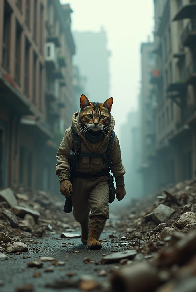 A survivor ((cat)) in human clothes walks through a destroyed city, post-apocalyptic, S.T.A.L.K.E.R, hyper detailed, hyper realism, 8K