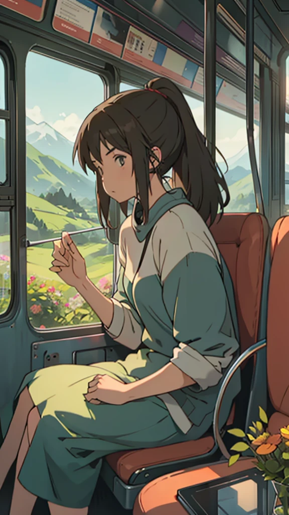 woman on the bus traveling listening to music on headphones sitting next to the window with landscapes of mountains and flowers in the background