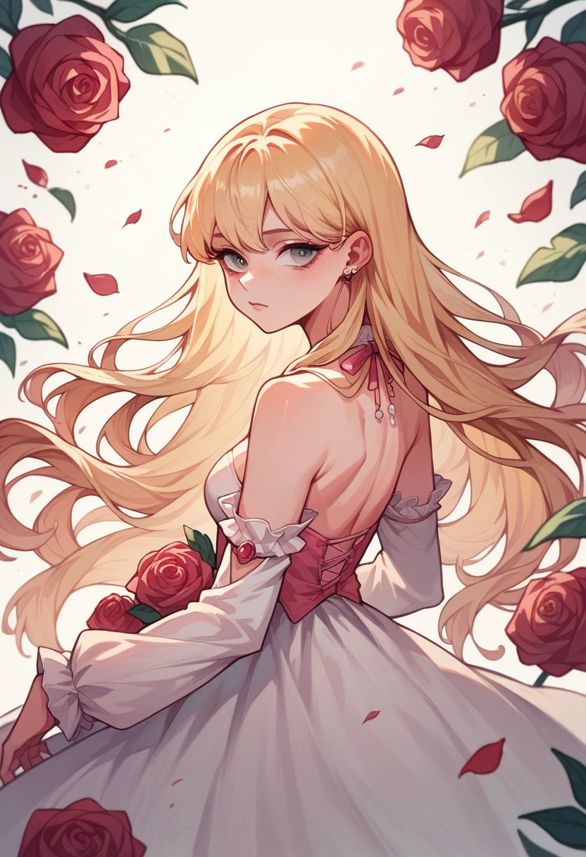 A blonde Korean girl, Grinning, adol is kpop, pink back ground, long hair, super realistico, looks like rose from black pink