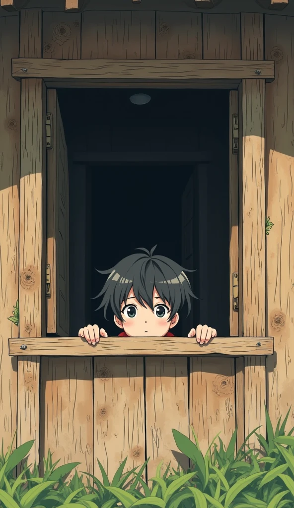2D anime a wooden opd rough house a   with messy hair looking farward through a open window 