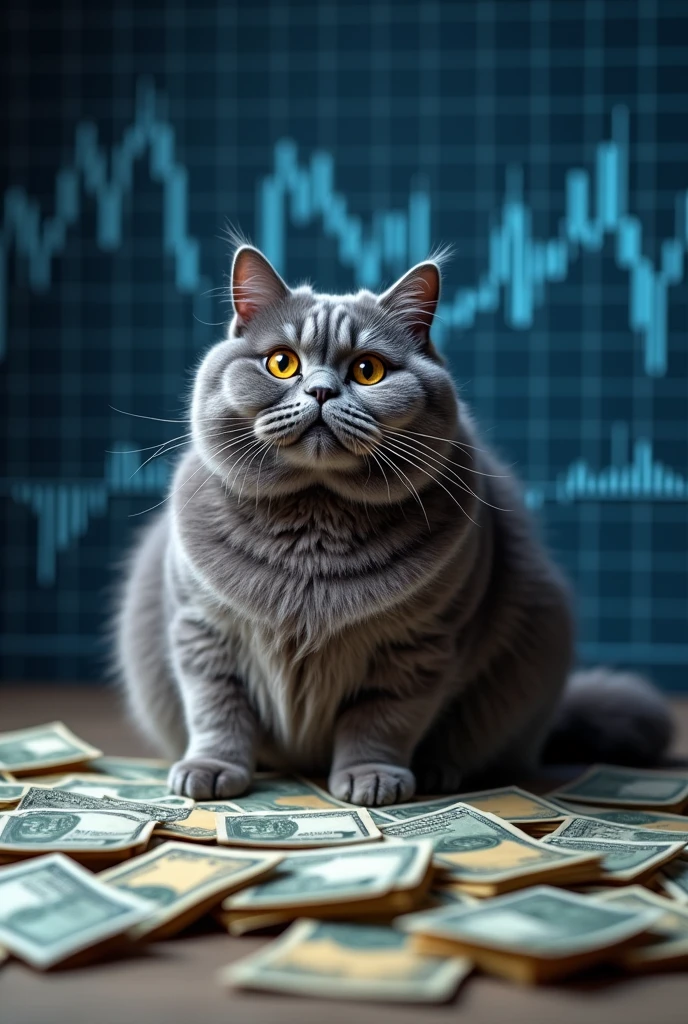 
A fat gray cat has its eyes open on a pile of money and a blue and gray Forex chart background.

