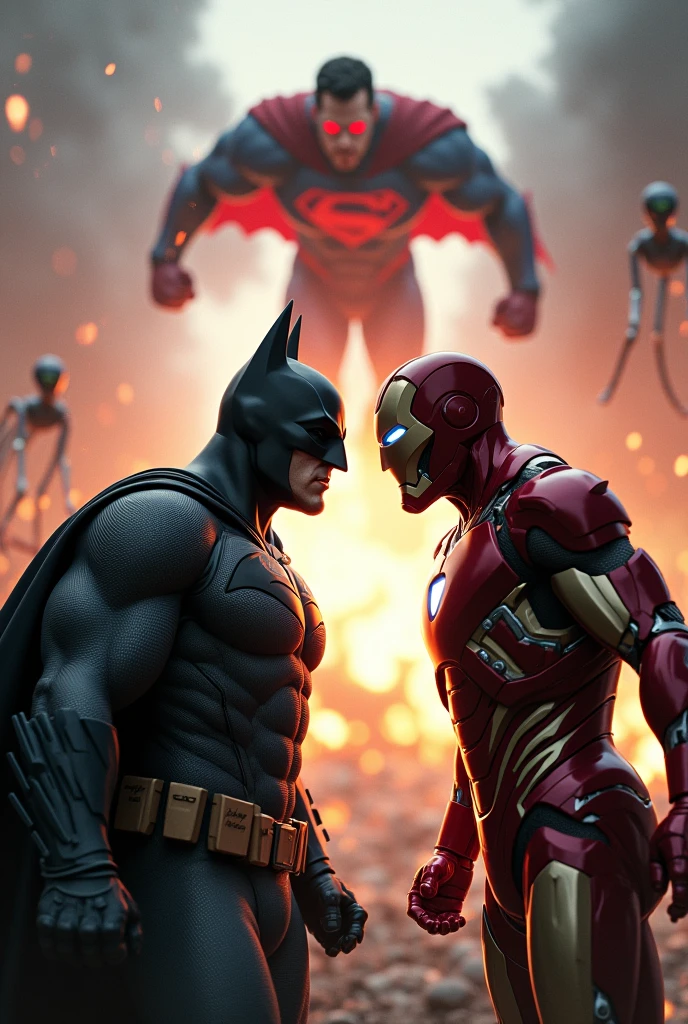 Batman vs Ironman face off. Make explosion and alines behind. And red eyes Superman flying in the middle in air. Little zoomed in.