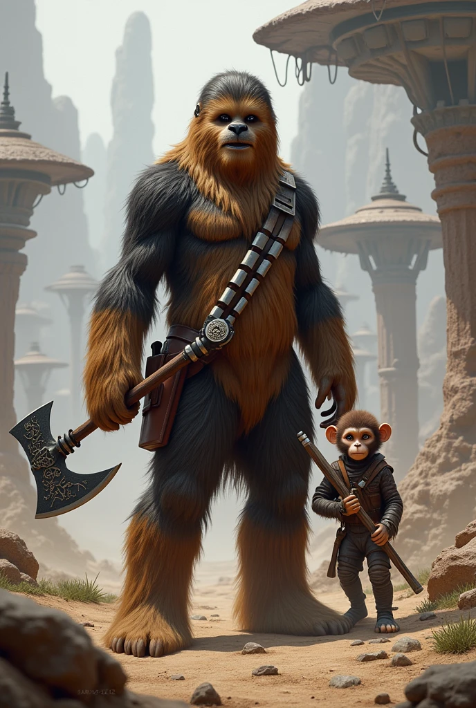 Starwars Wookiee with a monkey holding an axe