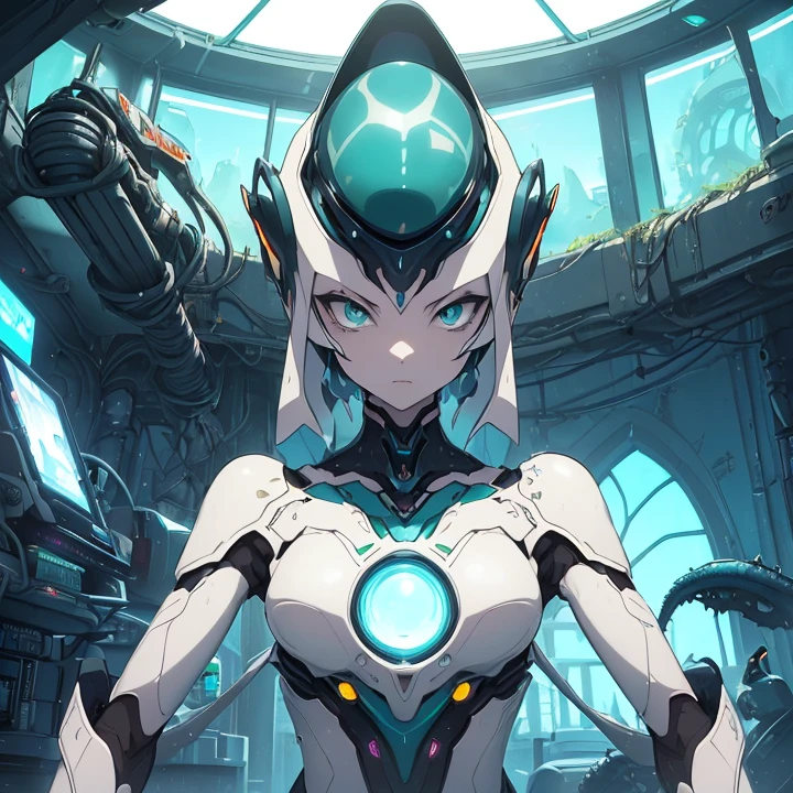 Absurdres,Impressionism, Abstractionism, Anime Style, Chaos, Character Design, Surrealism, HD, Best Quality, Masterpiece, High Details, High Resolution, alone solo character Amorphous alien creature, “Lovecraftian aesthetic”
{{(1Alien amorphous creature alien plantlike non-humanoid alien voyager:(androginous gender, two rounded heads, light-blue two short elastic necks, blue two left arms with green pincers, blue two right arms with green pincers, six blue chain-like-tentacles, six pale-white eyes on each head, six pale-white eyes in the body torso, greyish-blue block-like body torso),(innexpressive, wise behaviour, intelligent and wisdom demeanor, standing still but vigilant, investigating its own registers at the ship),(colorful space biomechanic-base interior, green rounded-cocoon computers, orange walls around the base, silver-white enlighted surrounding, giant windows with blue sky view))}}