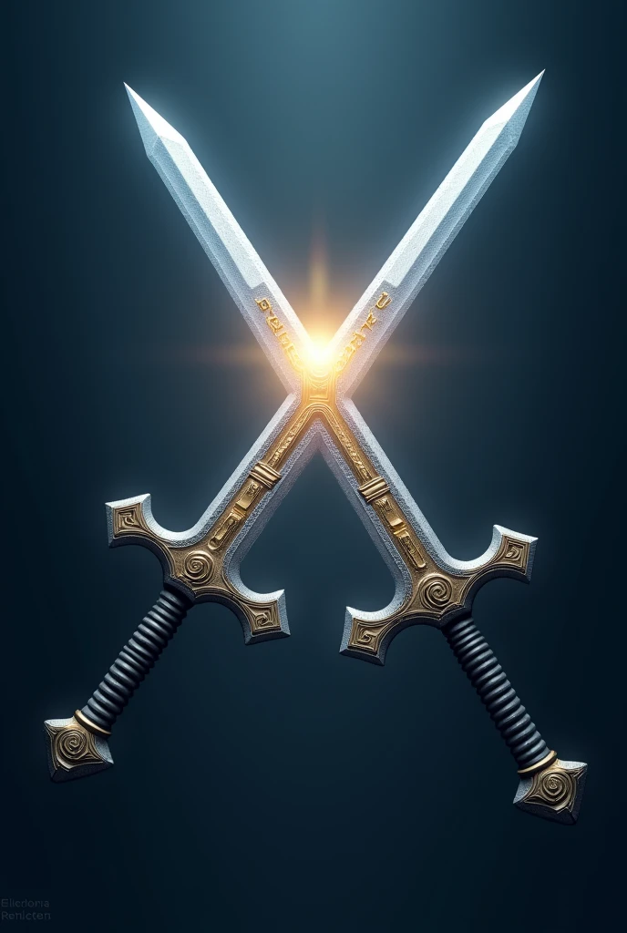 Two Swords Crossed Without Hands, blue color , with gray and silver , written Jesus on the blade of the two swords with gold fire