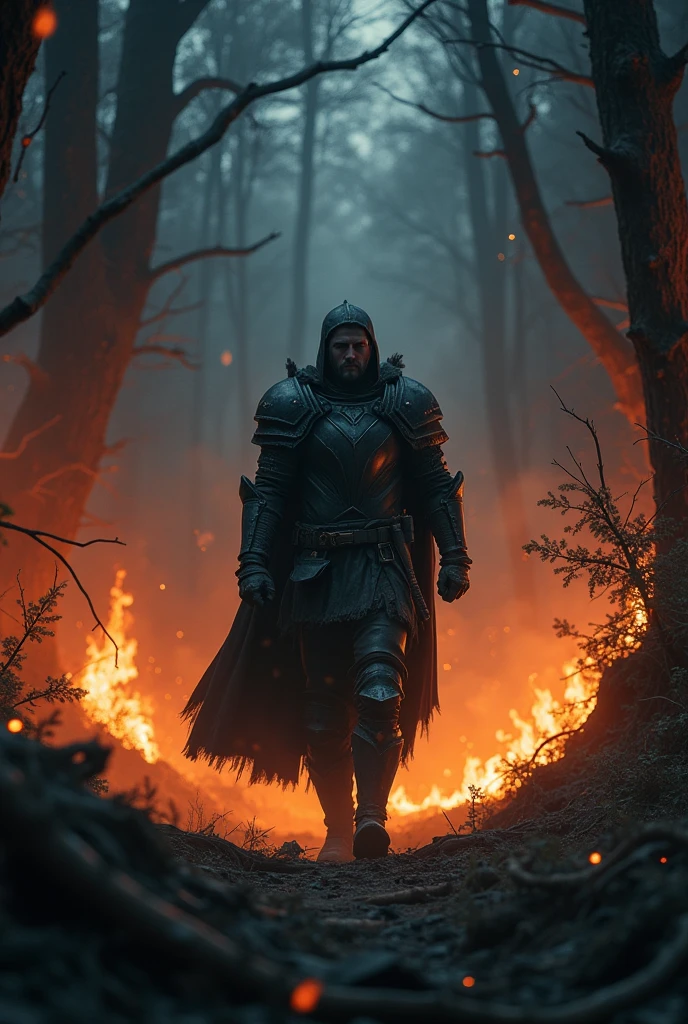 le guerrier repart victorieux, sort des tenebres, le monstre est mort et la foret est en feu, dans la nuit noir, peur et gloire
