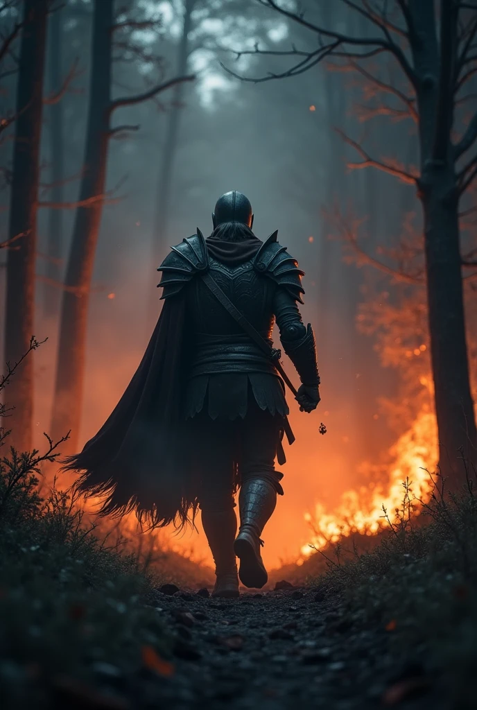 le guerrier repart victorieux, sort des tenebres, le monstre est mort et la foret est en feu, dans la nuit ????, peur et gloire