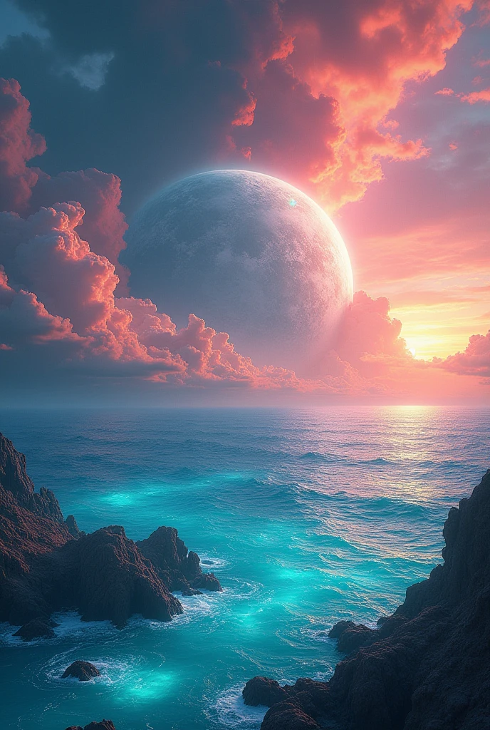 Create an image of a planet with a bright ocean and a colorful sky