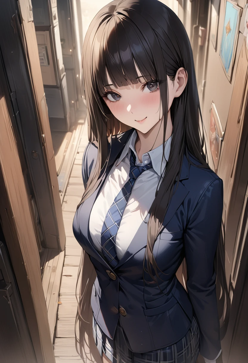 Fantasy art、((masterpiece,best quality anime,Highest quality:1.3)),realistic,portrait,cowboy shot,1woman,(Mature Beauty),((very small head:1.4)),((very long body:1.3)),long hair,black hair,bangs,(gorgeous big eyes),black eyes,smile,(School uniform、Dark blue blazer jacket、Navy blue tie、Dark blue plaid mini skirt),white collared shirt,((slender body:1.3,skinny:1.2)),medium breasts,walk,on road,Magic City、A world of magic and science,