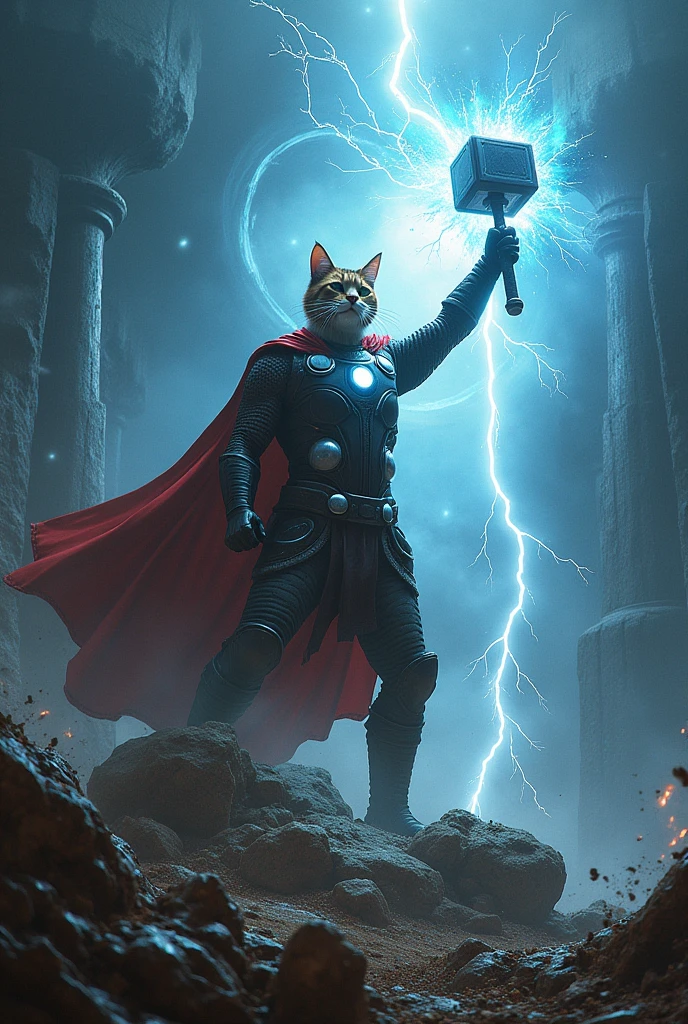 *Scene 11: Thorcat Defeats the Alien Leader**
- Thorcat delivers the final blow to the largest alien leader, smashing his hammer down with a lightning bolt striking from above. The alien leader is crumbling to dust.