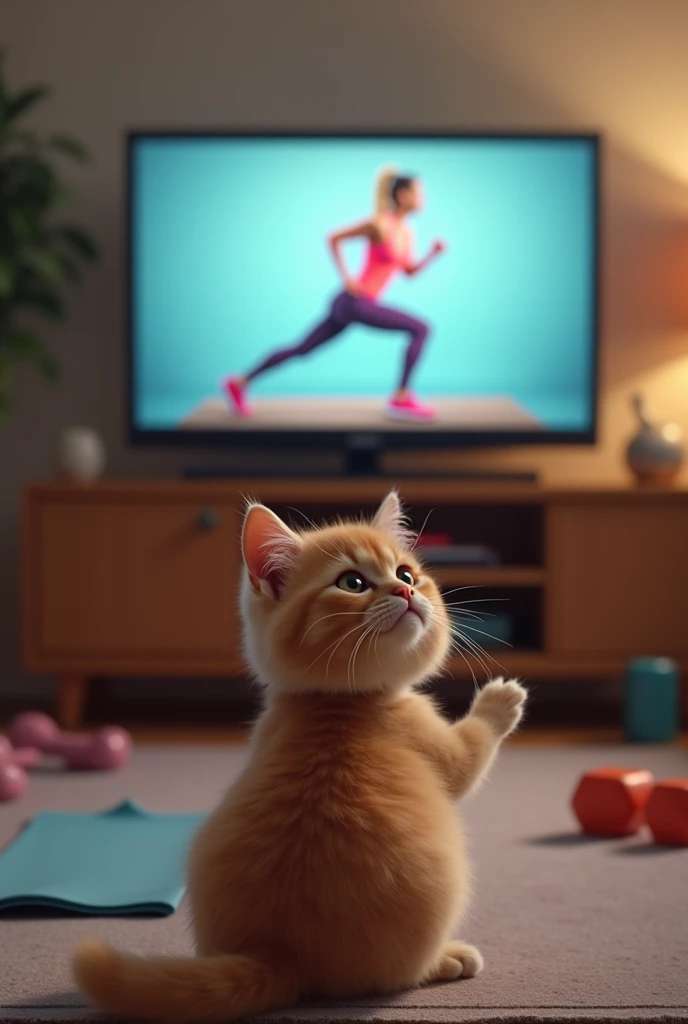The main character is a cute cat sitting in front of the TV.、Watching an exercise video。The cat follows the video instructions with a serious expression、I am moving my body。A trainer in sportswear is shown on the TV screen.、Training equipment is placed in the background.。