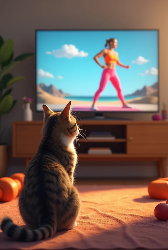 The main character is a cute cat sitting in front of the TV.、Watching an exercise video。The cat follows the video instructions with a serious expression、I am moving my body。A trainer in sportswear is shown on the TV screen.、Training equipment is placed in the background.。