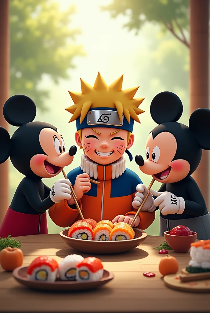 Naruto, tanyiro and mikey mouse eating sushi roll maki