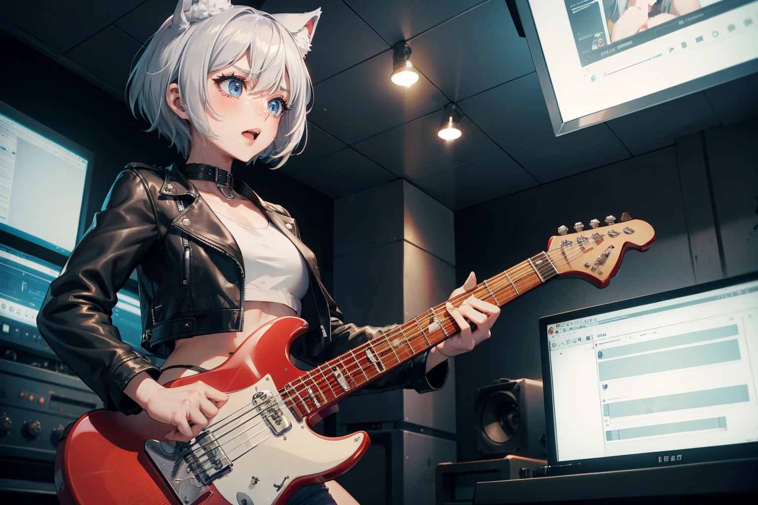 (masterpiece), (best quality), (High quality), high resolution, BREAK expressive eyes, perfect face, 1girl, grey cat ears: 1.5, medium hair, grey hair, pixie cut, BREAK, big eyes, perfect eyes, blue eyes, thick eyelashes, thin eyebrow, tears in eyes BREAK short height, slim bulid, angry:1.3, singing, open mouth, medium breasts, BREAK (leather cropped jacket: 1.4), unzipped, (white cropped tanktop: 1.4), jeans shorts: 1.4, BREAK ((red electric guitar:1.4, playing electric guitar:1.5)), BREAK cowboy shot, view from front, (recording room),