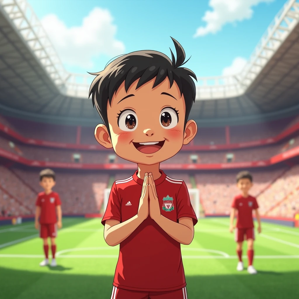 Cute kid smiles in Toriyama Akira style, bows like a Thai person and wears a Liverpool shirt, standing in a cartoon style. High-quality dynamic photos, detailed and colorful. Realistic and colorful poses, the background is Andfield Stadium.