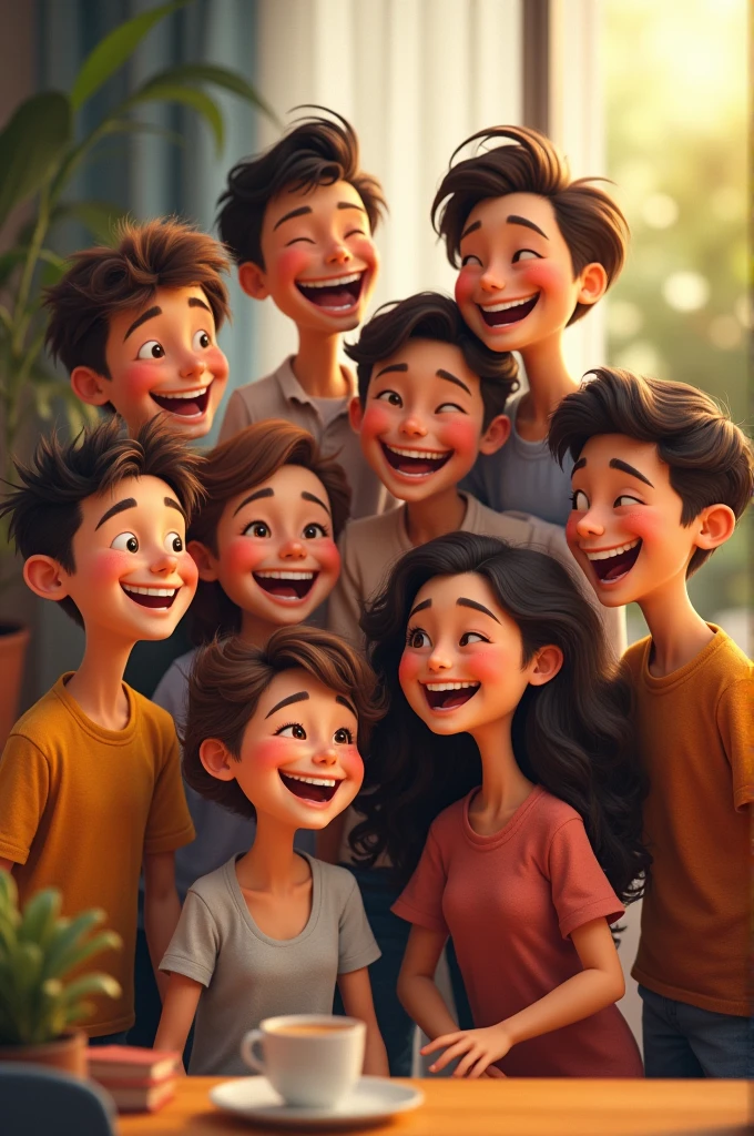 All fimily 10 cousins laugh together 