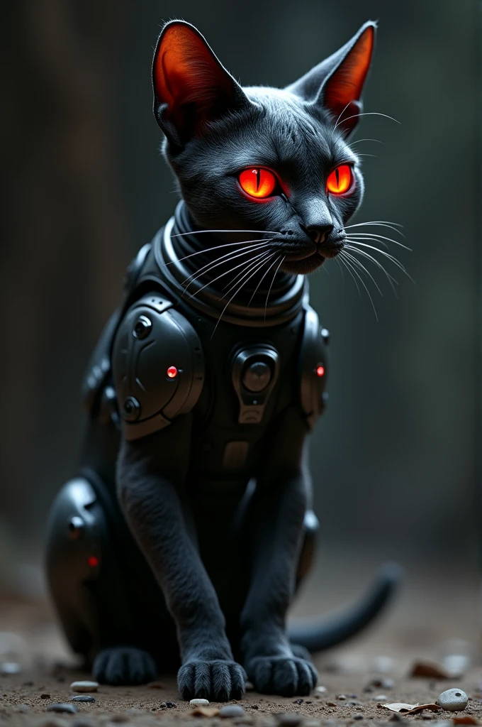Black cat with robotic stactur and red eyes