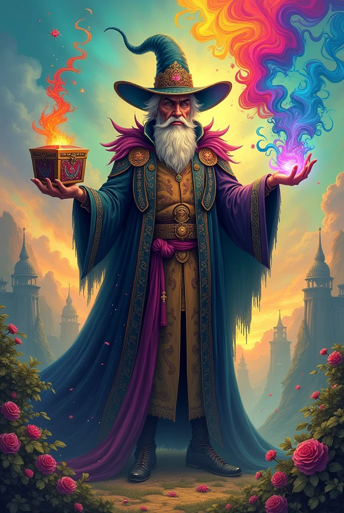Illustration of a magician stealing the colors of the world and putting them inside a magic box