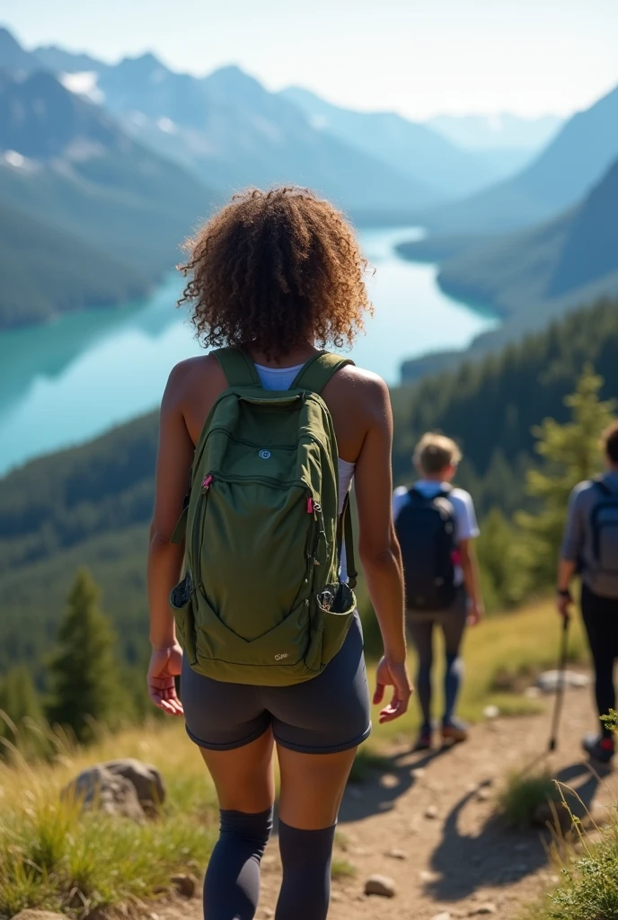 Peux tu faire une femme avec le cheveux frisé matte de peau que l’on voit de dos en train de randonner dans un paysage magnifique avec un lac et la montagne. Elle est en hauteur et a une vue panoramique
Elle est avec d’autres amis
Elle porte une tenue de sport
La photo doit être réaliste naturelle
Elle doit avoir les cheveux frisés et être matte de peau