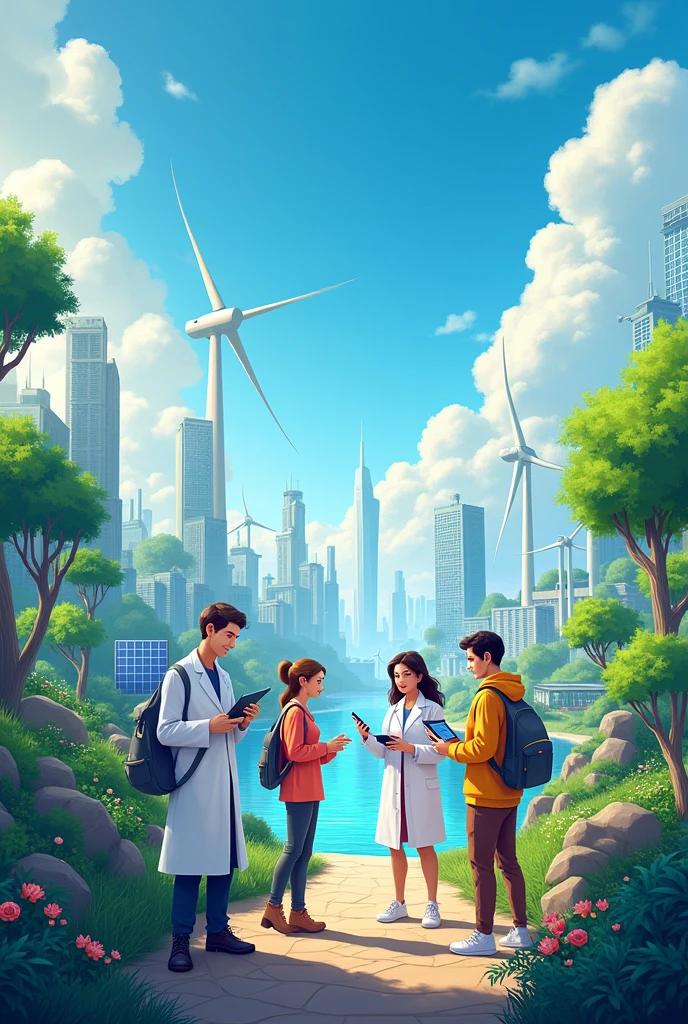 Design a vibrant and enchanting poster in a Disney-inspired art style with the theme 'Science, Technology, and Innovation: Partners for a Stable, Comfortable, and Secure Future.'  turbines, solar panels, and a smart city with eco-friendly buildings. Show scientists and engineers working together, with diverse individuals using technology, like tablets or robots. Include elements like plants, trees, and clean water to symbolize environmental sustainability. Make the scene look hopeful and forward-looking, with bright colors and a clear blue sky, conveying a sense of progress and innovation leading to a better, greener future."

