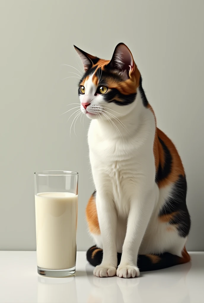 ミルクの入ったグラスの横に三毛Catが座っていました,, Catのイラスト1匹, Ultra-realistic photos, 超Realistic illustrations, Surreal illustration, Cat. Realistic painting, author：Wayne England, Realistic illustrations, 超Realistic illustrations, Portraiture, Close-up portrait, Award-winning surrealism, author：Lisa Milloy, Galen Dala