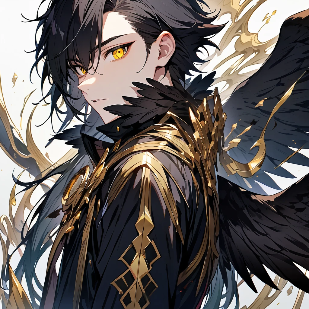 A male with black hair, have a black wings, gold eye Solo, High Resolution, Looking at viewer, HD, From Side, 