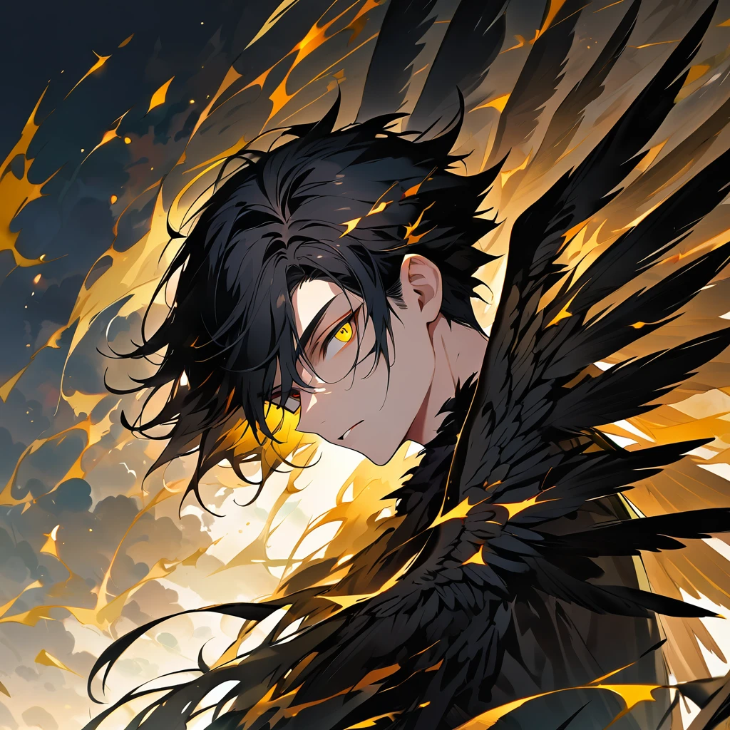 A male with black hair, have a black wings, gold eye Solo, High Resolution, Looking at viewer, HD, From Side,