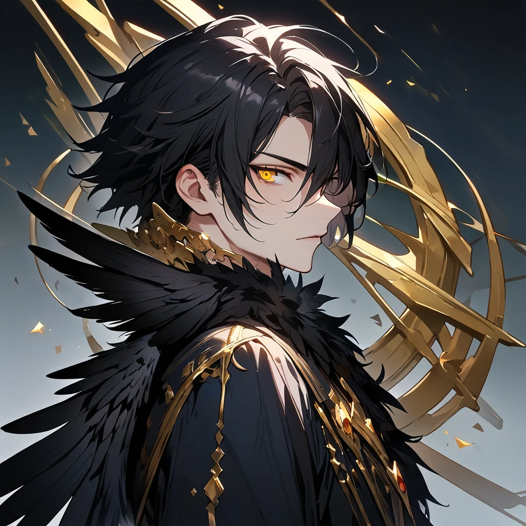 A male with black hair, have a black wings, gold eye Solo, High Resolution, Looking at viewer, HD, From Side,