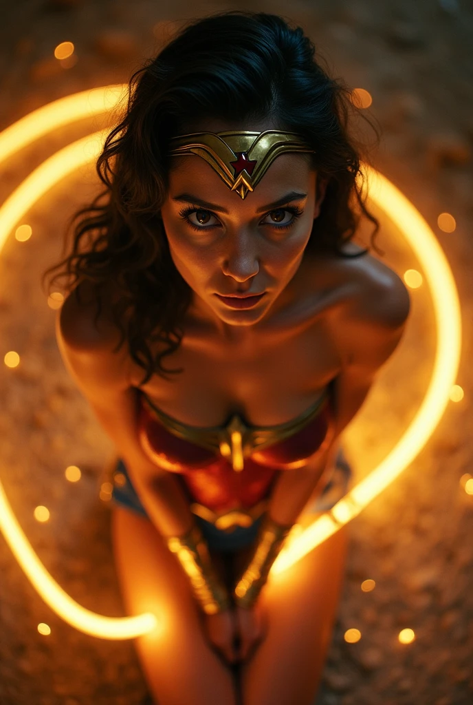 Wonder woman kneeling ties up naked with her golden lasso, the lasso is glowing a golden yellow, hands bound behind her back, high angle, fish eye lens, close up on face, beautiful, stunning, perfect eyes 