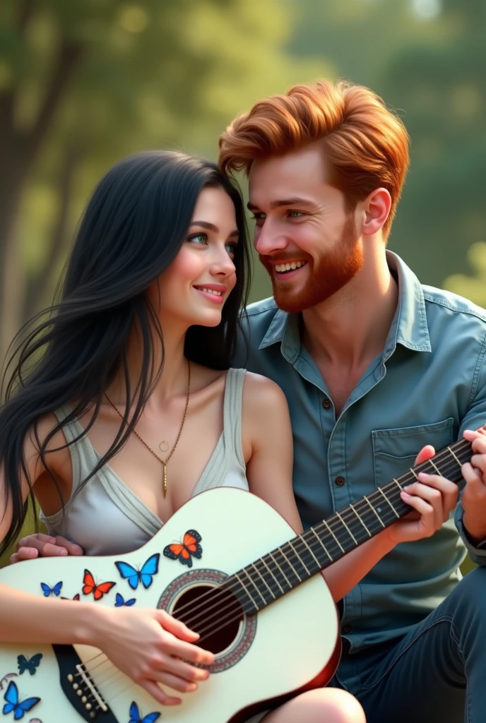 Black haired woman and red haired man, SHORT HAIR MAN both with green eyes, woman sitting with a guitar in her hands playing, the white guitar with big butterflies drawn on the guitar, blue and red and MAN BEHIND HER AT A DISTANCE AND LOOKING AT HER , both happy and in love, happy love AND HAPPY LAUGHING, They hyperrealistic big 20 year olds and the 2 man beautiful and casual clothes, bearded and handsome man, HYPERREALISTIC 4k ((ultra realistic))) Photo, masterpiece, top quality, (Pale skin), (Ultra detailed face and eyes SMILING IN LOVE.:1.3), 1 girl, And Adult BOY IN LOVE SMILING HAPPY THEY ARE HAPPY