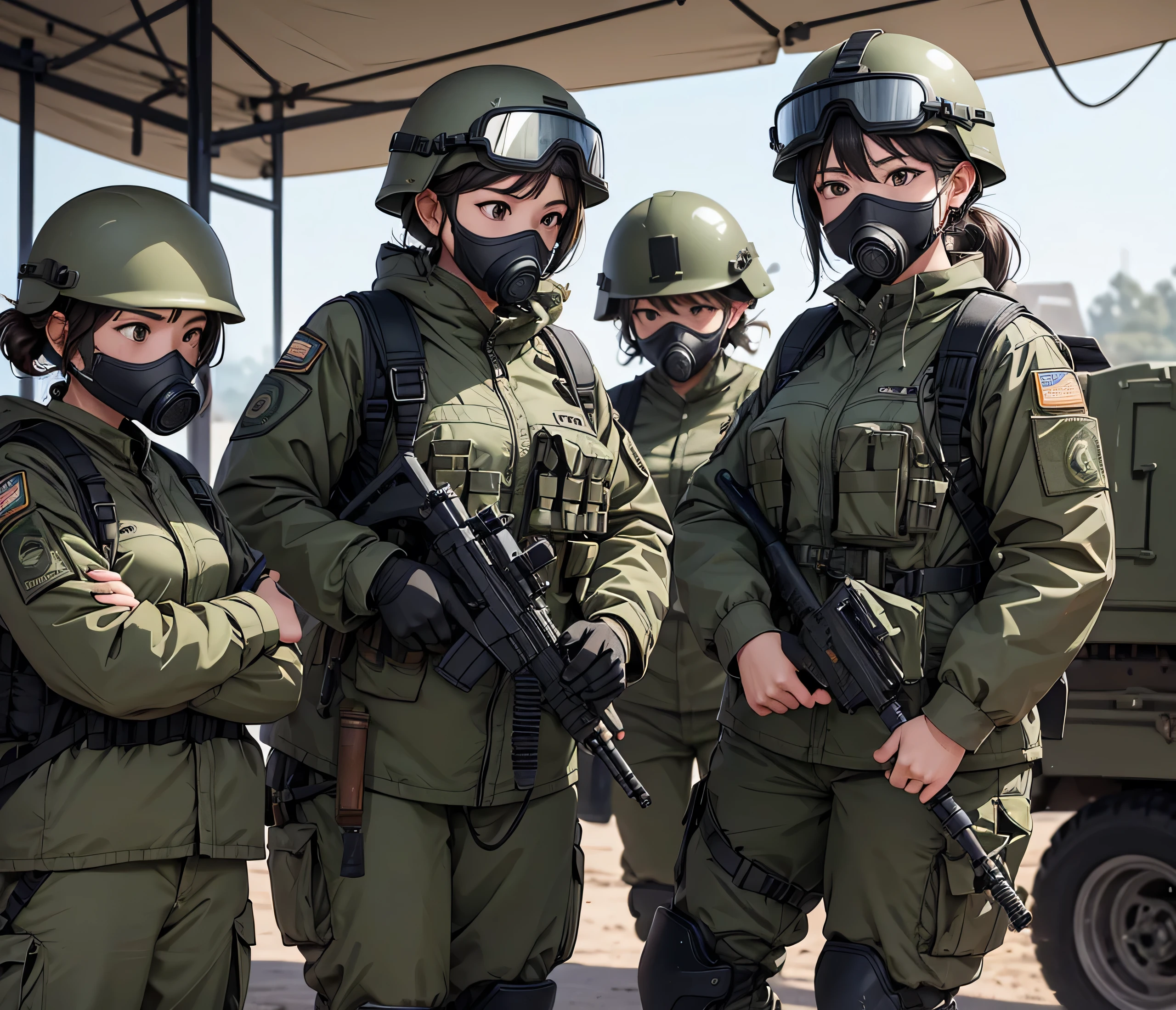 A group of female special forces in the military camp、Wear a steel helmet、Wear goggles、wearing gas masks、Individual equipment set、Knee pads、Write details、masterpiece、best quality、Highly detailed CG、8K picture quality
