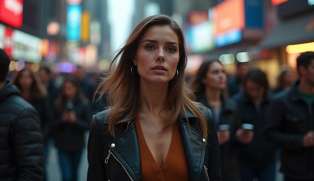 (masterpiece, best quality:1.2), (crowded, busy street:1.3), (woman walking confidently, sharp focus:1.3), (blurred people, background noise and distractions:1.2), (calm, resolute expression:1.3), (purposeful movement, unfazed by surroundings:1.3), (glowing smartphone screens, soft diffused city lights:1.2), (low-angle shot, emphasizing strength and determination:1.3), (8K, ultra-detailed, hyper-detailed, RAW photo quality, Unreal Engine rendering:1.3)
