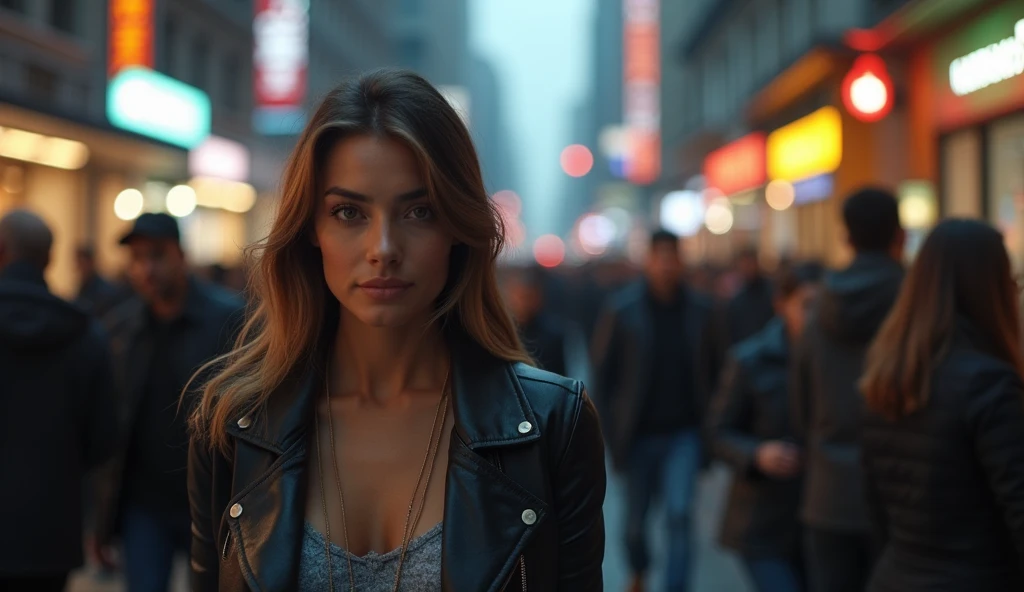 (masterpiece, best quality:1.2), (crowded, busy street:1.3), (woman walking confidently, sharp focus:1.3), (blurred people, background noise and distractions:1.2), (calm, resolute expression:1.3), (purposeful movement, unfazed by surroundings:1.3), (glowing smartphone screens, soft diffused city lights:1.2), (low-angle shot, emphasizing strength and determination:1.3), (8K, ultra-detailed, hyper-detailed, RAW photo quality, Unreal Engine rendering:1.3)

