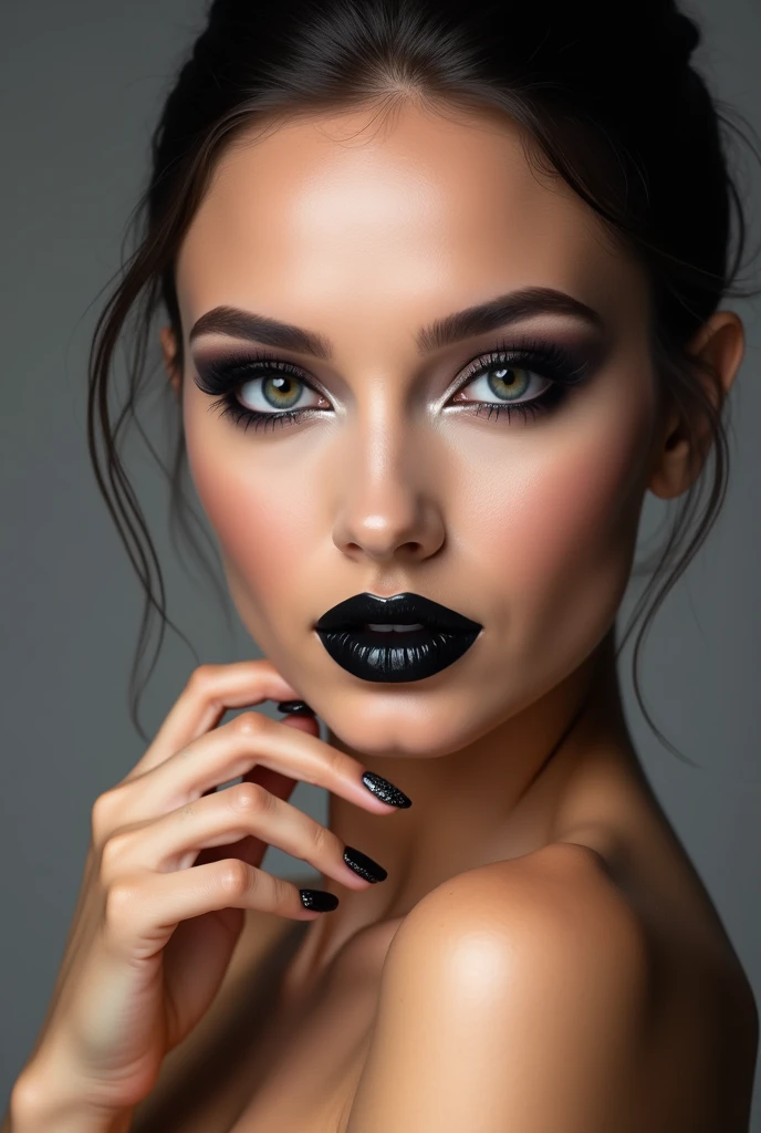 beauty photography , face and manicure, headshot, emphasis on makeup, black shiny lipstick, gorgeous make-up, photo for portfolio, for advertising, uniform lighting, retouching. Fashion models, gorgeous eyelashes, smoky eyes. Radiance, supermodel.gorgeous manicure, black and silver, professional photo, 4k, high resolution, high detail, realistic