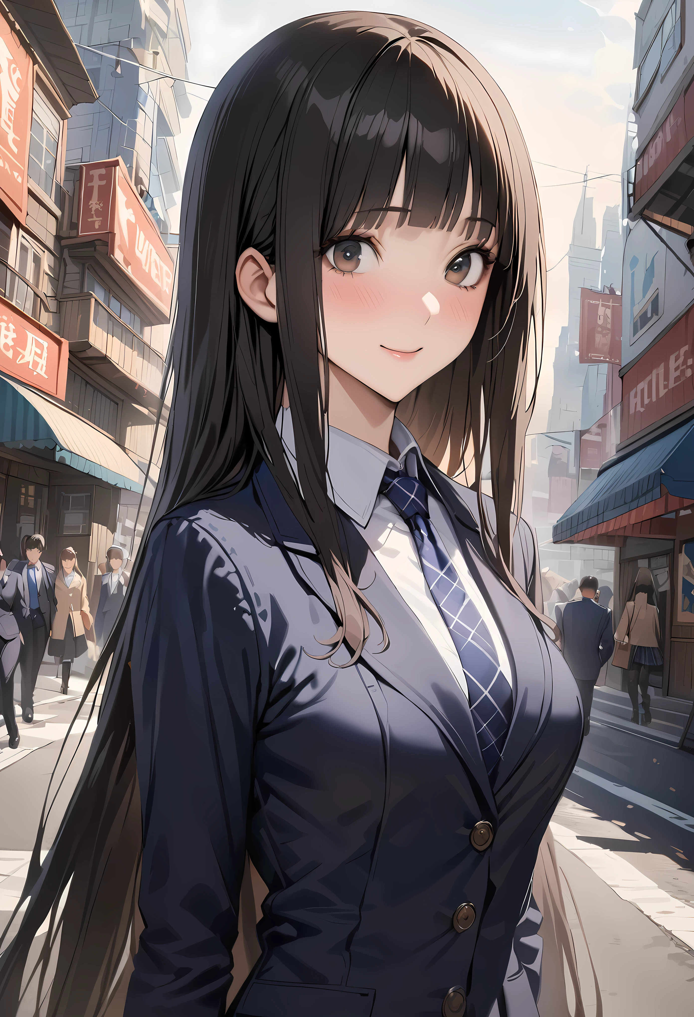 Fantasy art、((masterpiece,best quality anime,Highest quality:1.3)),realistic,portrait,cowboy shot,1woman,(Mature Beauty),((very small head:1.4)),((very long body:1.3)),long hair,black hair,bangs,(gorgeous big eyes),black eyes,smile,(School uniform、Dark blue blazer jacket、Navy blue tie、Dark blue plaid mini skirt),white collared shirt,((slender body:1.3,skinny:1.2)),medium breasts,walk,on road,Magic City、High-rise buildings、A world of magic and science,