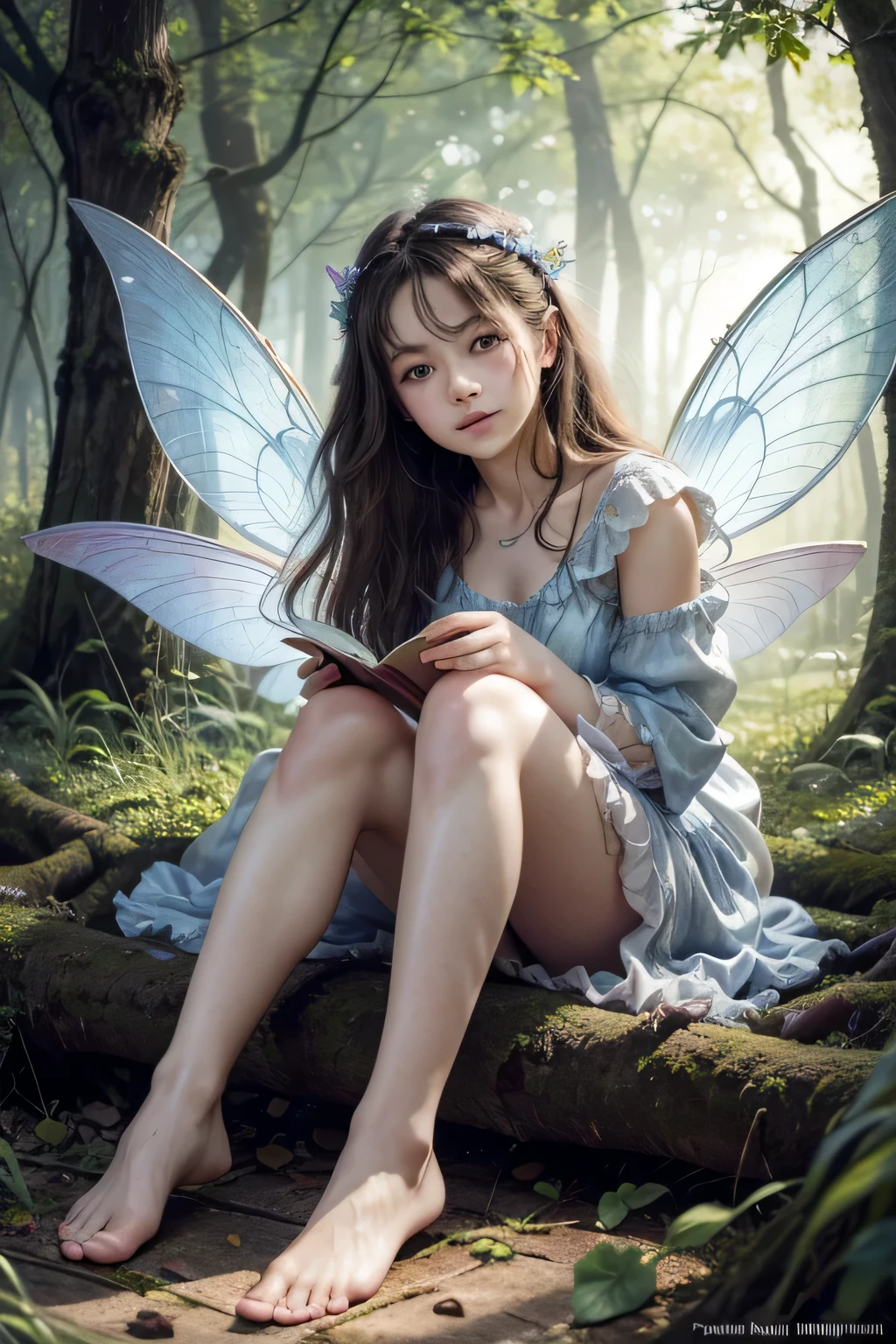 Children's book illustration, hyper detailed airbrush by pino daeni, Macro photography of a very cute, very beautiful and charming fairy with expressive eyes, perfect face, sitting on a branch, cute, Shape A (short erotic fairy outfit), legs apart , looking at the viewer, holding a book in her hands, fairy wings behind her back, outside sunny morning, sun, morning, forest, conceptual art, pastel by Arthur Rackham on silk, strybk, james jean, Brian Froud, Miho Hirano, Neimy Kanani, Aykut Aydo du, ultra high quality model, perfect eyes, white-blue eyes, Rembrandt lighting style, hand negative 