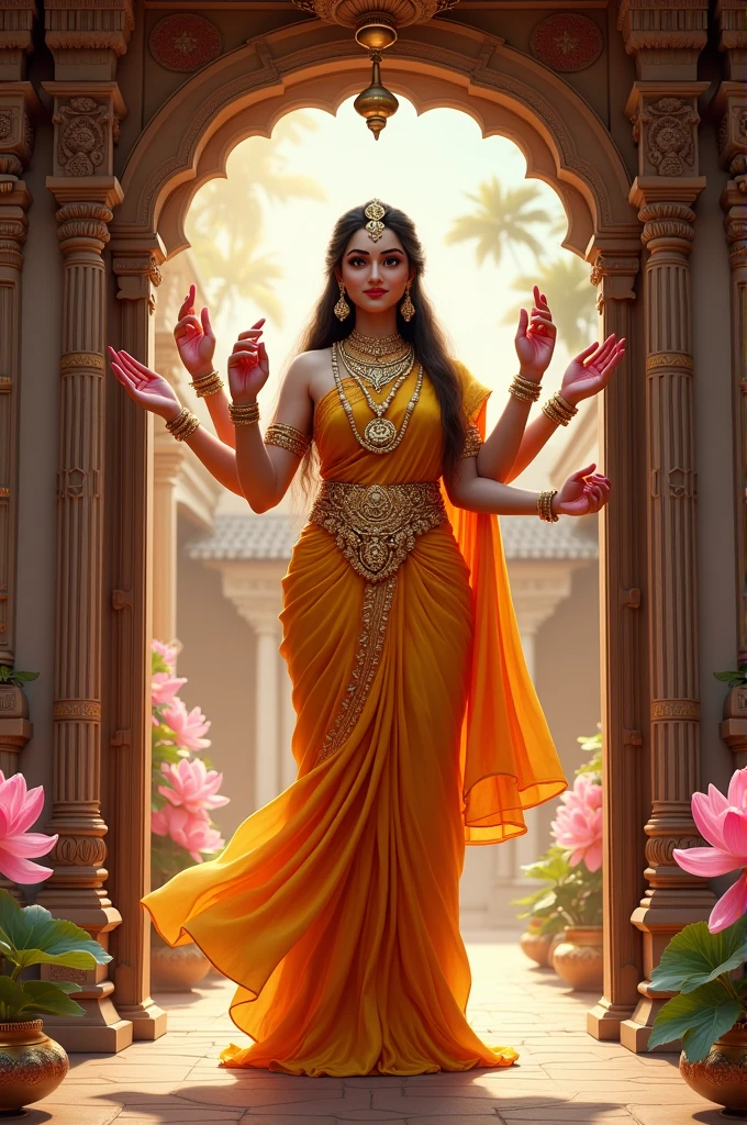 Create image of a godess laxmi standing in a house gate