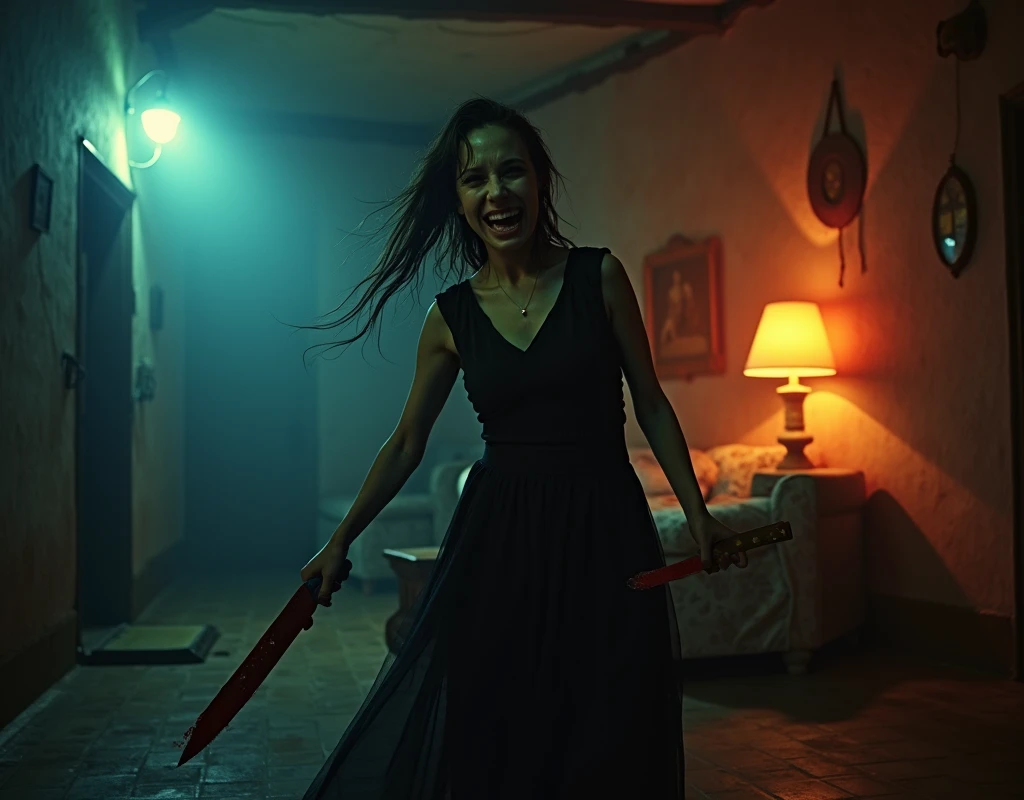 (horror movie aesthetic, eurohorror, fumetti comic book style, exploitation film style, retro, dim blue and orange diffused back lighting, cinematic lighting, Technicolor, volumetric lighting, lurid vivd colors, HD, 8x) Italy, old village, sexy evil nanny killing children, laughing, fear, pain, blood, blood spatter, dead bodies, ropes NSFW, wearing black dress, old lamps, dull yellow light, dead pets, blood, knives