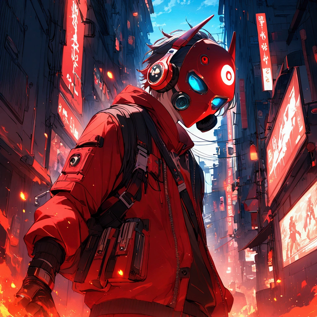 Gamer boy , red fire theme , PC. Mask , high tech headphones