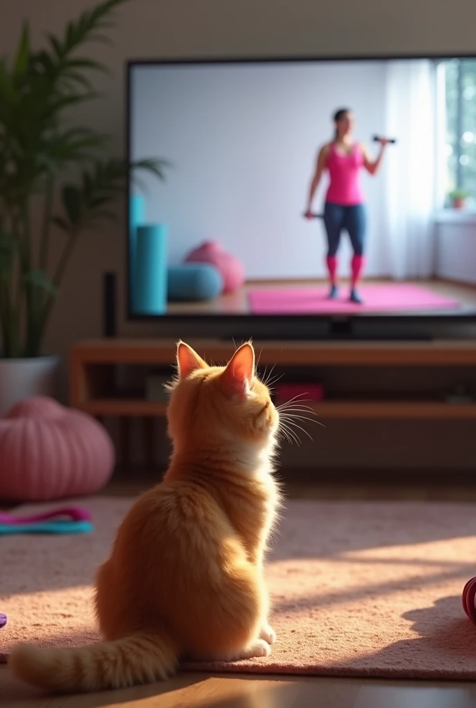 The main character is a cute cat sitting in front of the TV.、Watching an exercise video。The cat follows the video instructions with a serious expression、I am moving my body。A trainer in sportswear is shown on the TV screen.、Training equipment is placed in the background.。