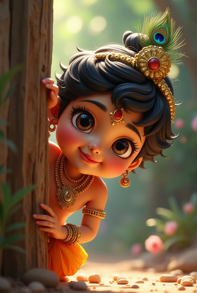 Cute kanha peeping out from a corner
