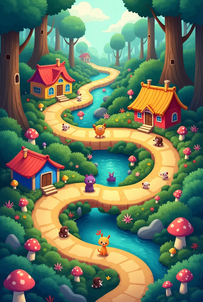 Create an A3 image of the game below;

---
**Description JB Board:**

**Theme and Environment:**
- The board must be colorful and set in a magical forest, full of trees, animals and plants, with a vibrant and child-friendly design.

**Board Structure:**
- The board must have a single continuous and winding track that leads from "ABANDONED" to the "arrival".
- The track must be made up of several houses, each containing random letters and numbers.

**House Features:**
- The houses on the track must be varied, containing different types of instructions and challenges:
  - **Forward Houses:** Houses with letters of the alphabet and numbers. O jogador precisa dizer uma palavra que começa com a letra indicada para Move forward.
  - **Homes to Return:** Casas com instruções para o jogador rug um número específico de casas, SOM "Go back 3 more spaces".
  - **Stop Houses:** Casas que indicam que o jogador deve esperar e não Move forward nem rug, SOM "This time you stand still".
  - **Reward Houses:** Casas que oferecem vantagens SOM Move forward mais casas ou receber um turno extra.
  - **Neutra Houses:** Simple houses without rules. 

**House Instructions:**
- Houses with specific instructions must be differentiated by unique colors, so that its rules can be read in a box at the bottom of the board. Exemplos:
  - "Go back 1 more space."
  - "Go back 2 more houses."
  - "Go back 4 more houses."
  - "Go back 6 more houses."
  - "Back to top."
  - "This time you stand still."
  - "Move forward 1 more space."
  - "Move forward 3 more spaces."
  - "Move forward 5 more spaces."
  - "Move forward 7 more spaces."

**Layout Geral:**
- The path must be a continuous and single trail, without branches.
- The houses with letters, numbers and challenges must be randomly distributed along the route.
- The colors of the special houses (Move forward, rug, Pull up, rewards) should be used so that they are easily associated with the instructions in the footer.
- **important:** There should be no letters or elements 