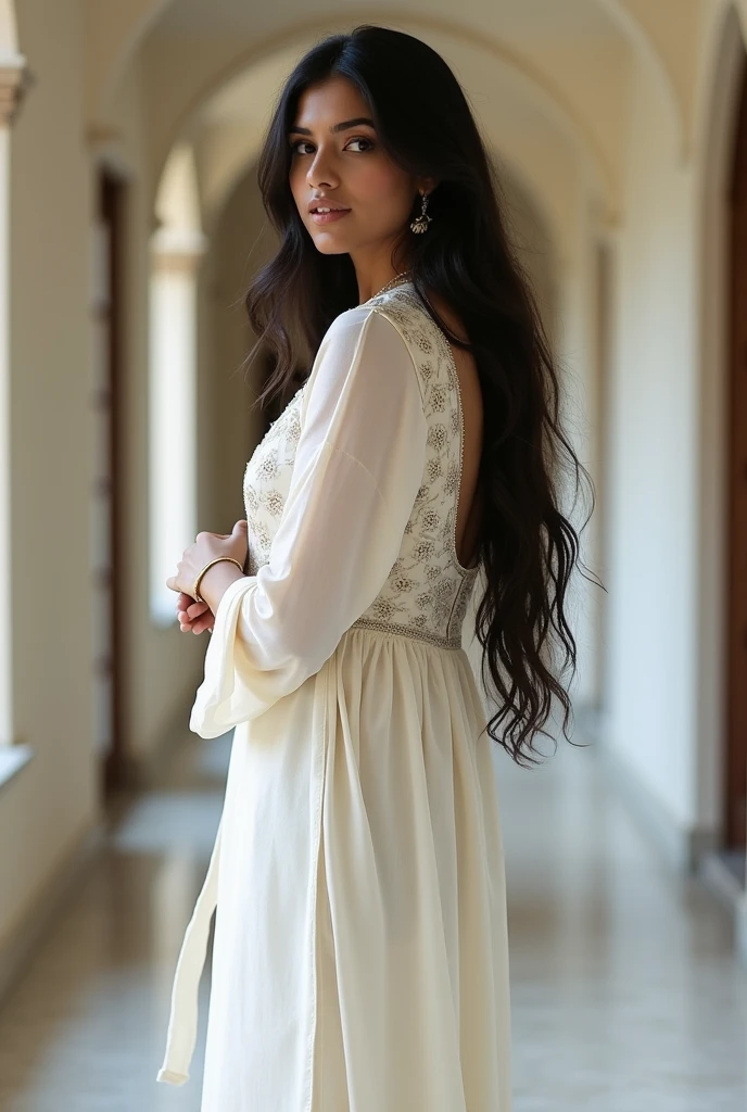 Indian woman long hairs wearing white kurta pyjama with big boobs standing on floor