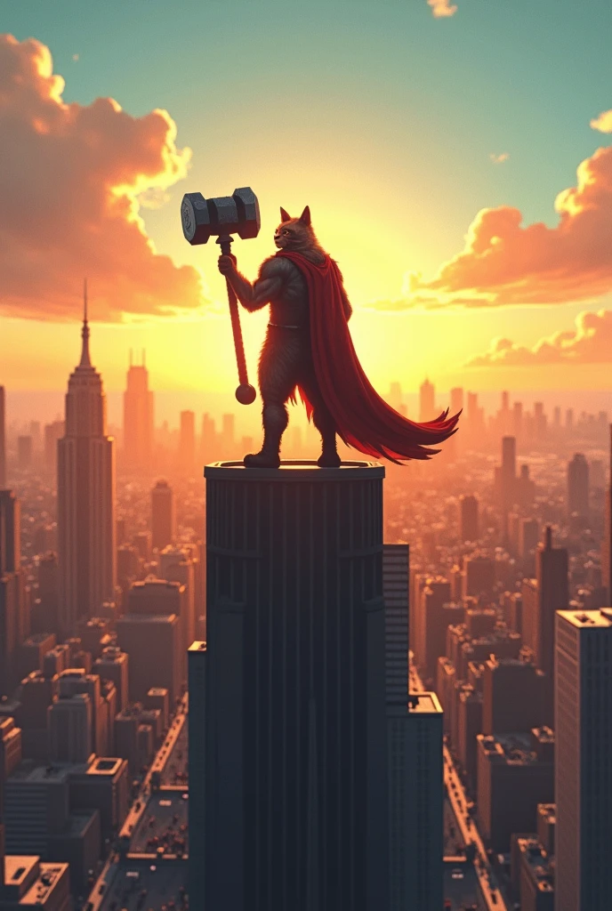 *Scene 12: Thorcat Saves the Earth**
    - The city is restored, with Thorcat standing proudly on top of a skyscraper, hammer in hand, as the sun sets behind him. The sky is clear, and the people below cheer for their new hero.